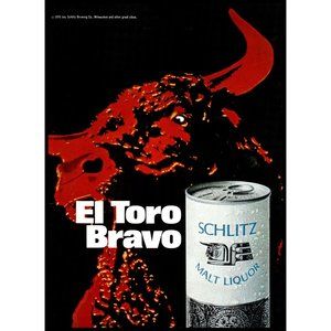 1970 Schlitz Malt Liquor El Toro Bravo Vintage Print Ad Red Bull Wall Art Photo